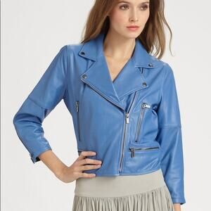 CUT 25 YIGAL AZROUEL $375 BLUE LEATHER MOTO JACKET-NWT-4-SAKS FIFTH AVENUE